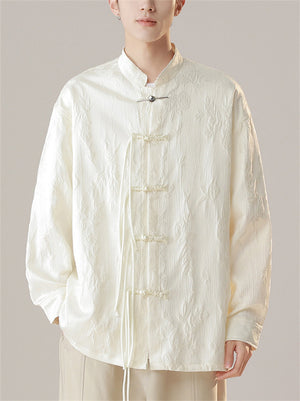 Chinese Style Men's Stand Collar Jacquard Long Sleeve Shirts