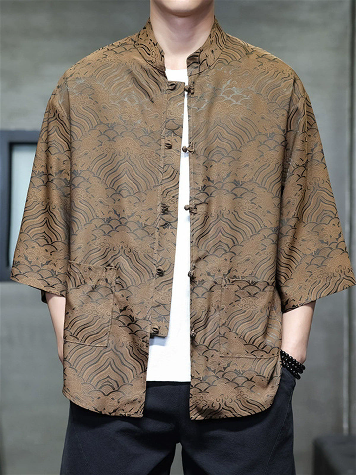 Men's Summer Casual Chinese Style Clouds Jacquard Half Sleeve TangSuit Shirt