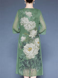 Summer Flower Print O-neck 3/4 Sleeve  A-Line Dress for Women