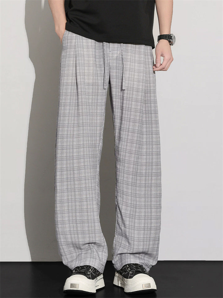 Mens Comfy Breathable Casual Plaid Loose Fit Drawstring Wide Leg Pants