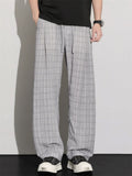 Mens Comfy Breathable Casual Plaid Loose Fit Drawstring Wide Leg Pants