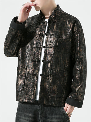 Men's Chinese Style Knot Button Stand Collar Patch Pockets Jacket