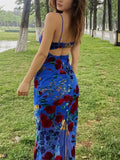 Retro Blue Women's Sleeveless Backless Slip Midi Dress