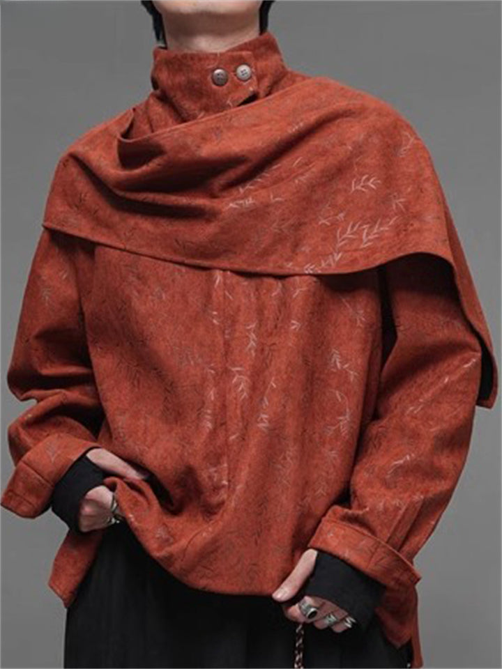 Retro Brown Print Faux Suede Long Sleeve Scarf Shirt for Men