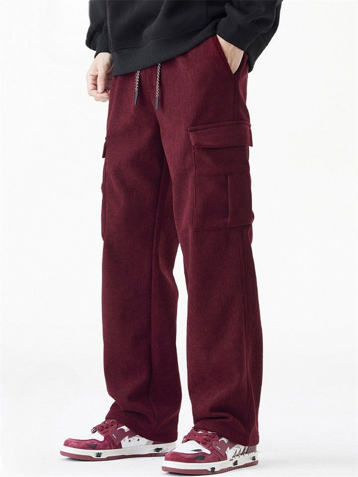 Winter Warm Fleece Lined Cargo Pocket Drawstring Men Casual Pants