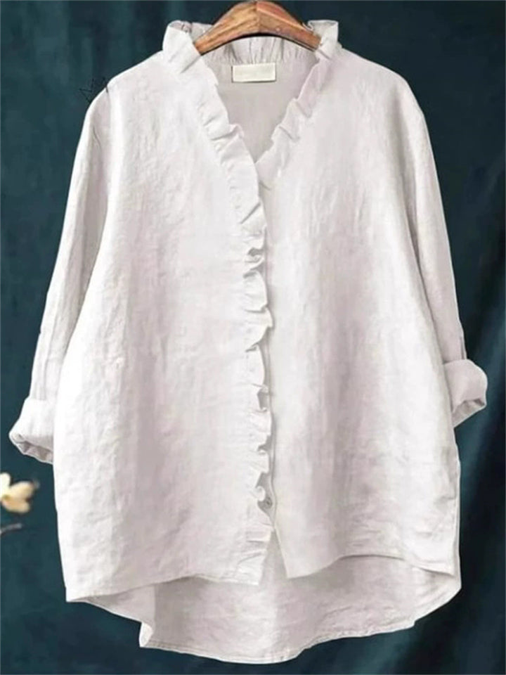 Women's Casual Solid Color V Neck Asymmetric Hem Shirt