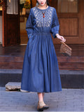 Women's Artsy O-neck Ethnic Embroidery Pockets Denim Dress