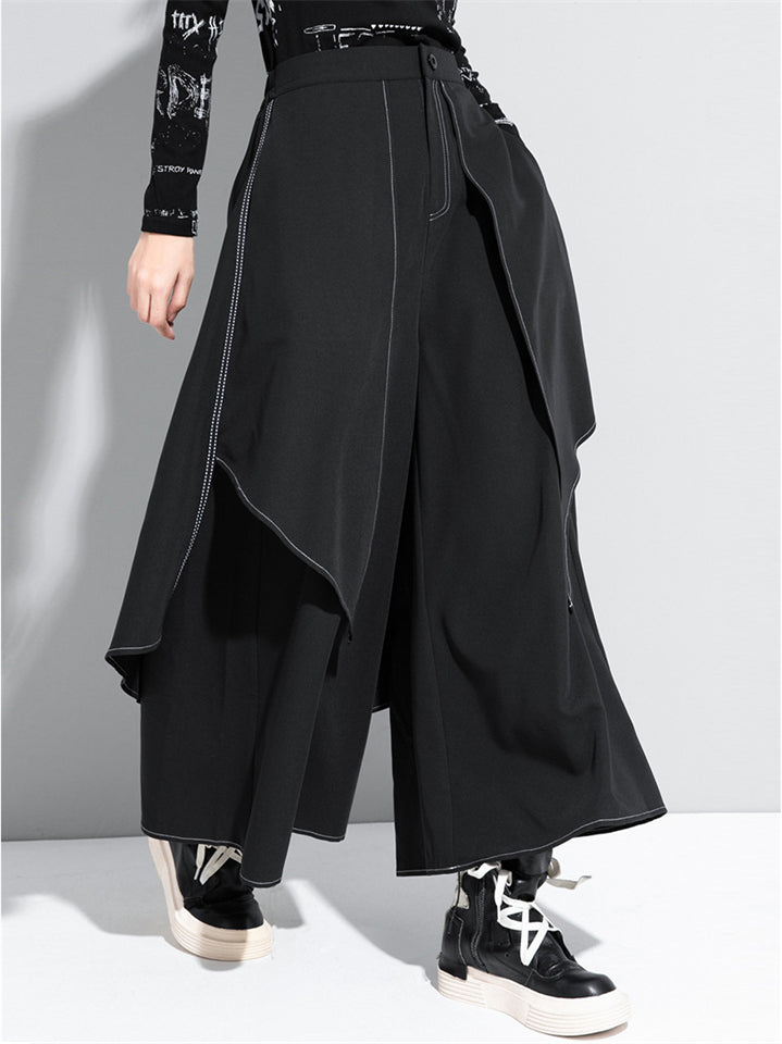 Fashion Women's Street Casual Black Patchwork Wide Leg Flared Pants