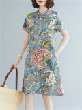 Summer Female Floral Print Round Neck Elegant Knee Length Dress
