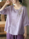 Summer Cotton Linen Embroidery Half Sleeve Shirt for Women