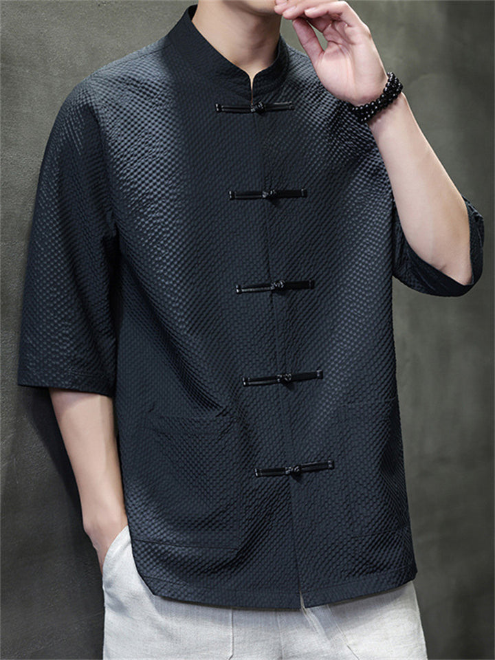 Men's Retro Chinese Style Waffle Solid Color Short Sleeve Shirt
