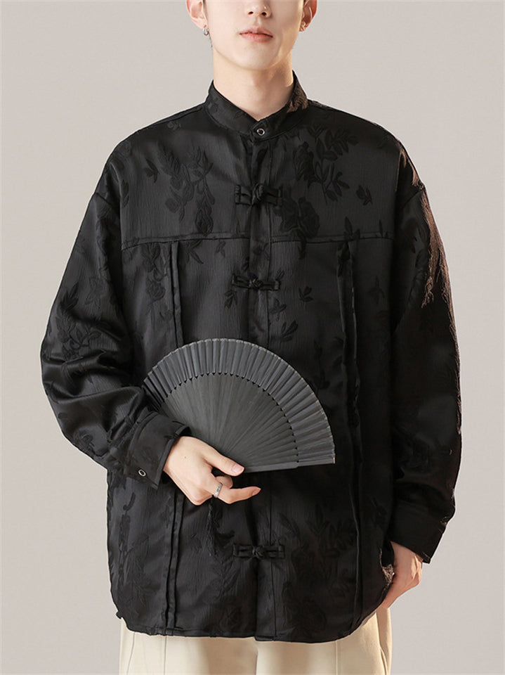 Chinese Style Men's Daffodil Jacquard Stand Collar Long Sleeve Shirts