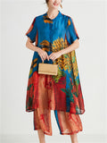 Women's 2Pcs Summer Flowers Print  Round Neck Top & Cropped Pants