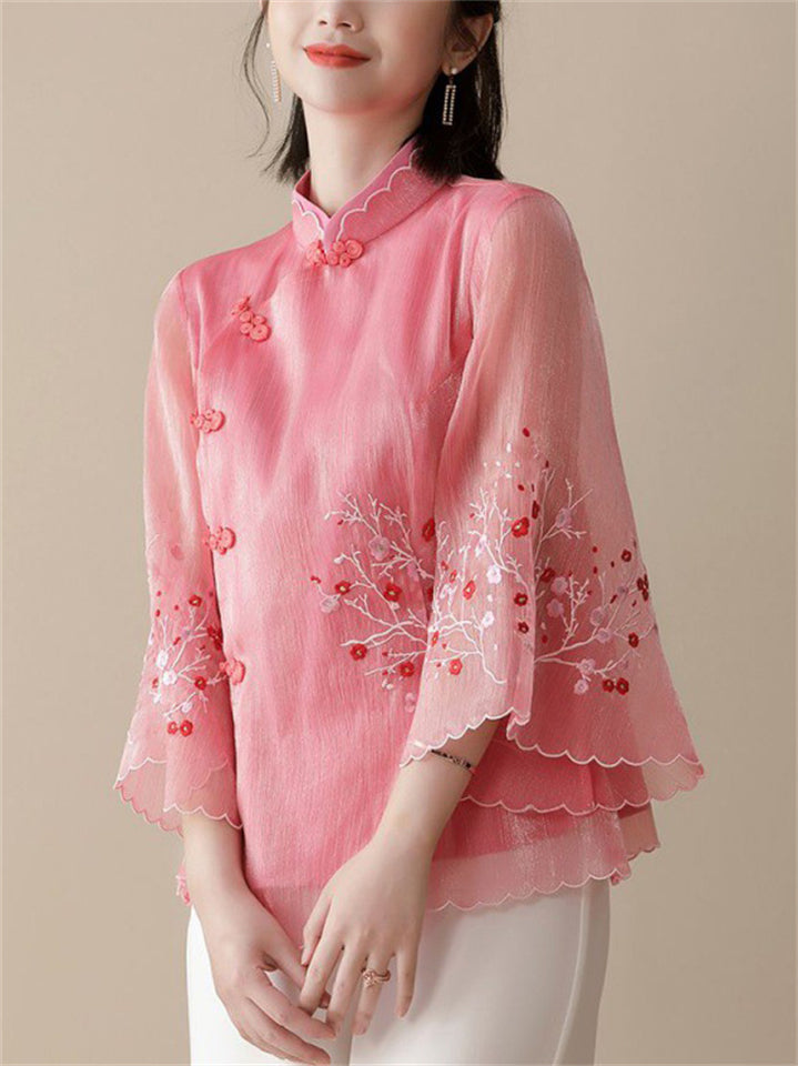 Retro Flower Embroidered Trendy Cheongsam Top for Women