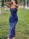 Retro Blue Women's Sleeveless Backless Slip Midi Dress
