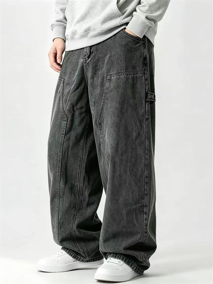 Men Baggy Carpenter Wide Leg Washed Denim Work Jeans