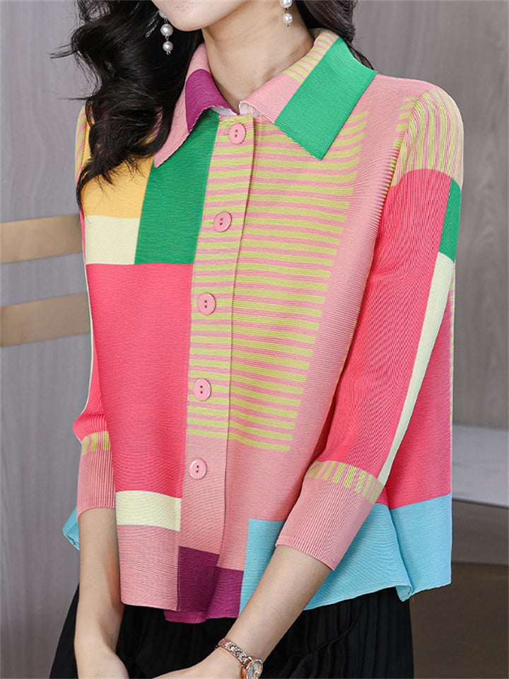 Female's One Size Elegant Striped Contrast Color Lapel 3/4 Sleeve Shirts