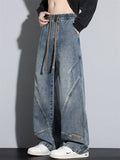 Men Wide Leg Drawstring Baggy Jeans Vintage Washed Streetwear Denim