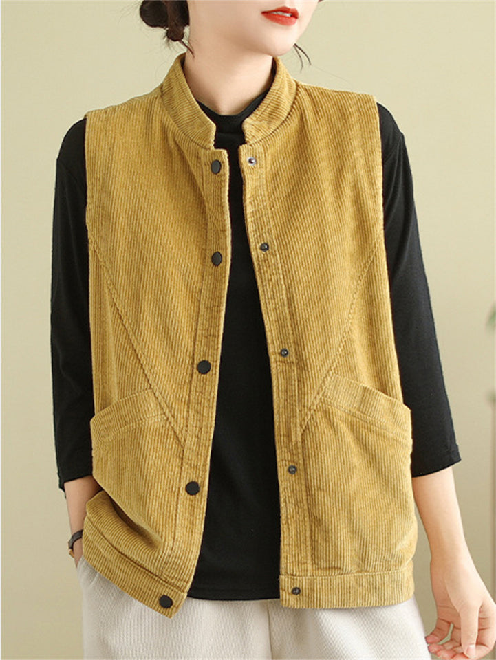 Women's Casual Solid Color Corduroy Sleeveless Jacket