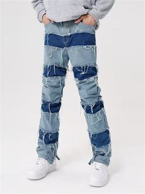 Men's Hip-Hop Contrast Color Patchwork Raw Edge Jeans