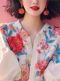 French Style Floral Print Puff Short Sleeve Shirt for Women