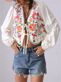 Women's French Style Flowers Embroidery Lace Up Cardigan Shirt