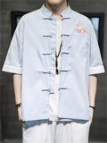 Men's Lotus Embroidery Tang Suit Short Sleeve Stand Collar Shirts
