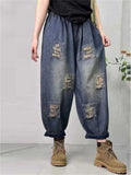 Elastic Waist Wide Leg Ripped Cropped Jeans for Women