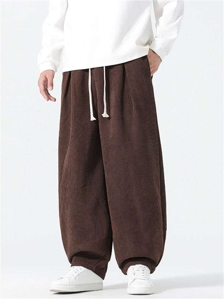 Chinese Style Drawstring Corduroy Wide Leg Pants for Men with Elastic Waist