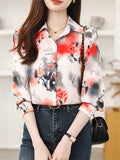 Korean Style Print Lapel Long Sleeve Shirt for Women