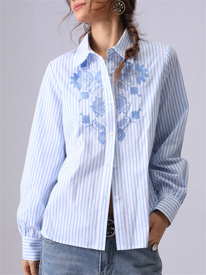 Women's French Style Embroidery Blue Stripe Shirts