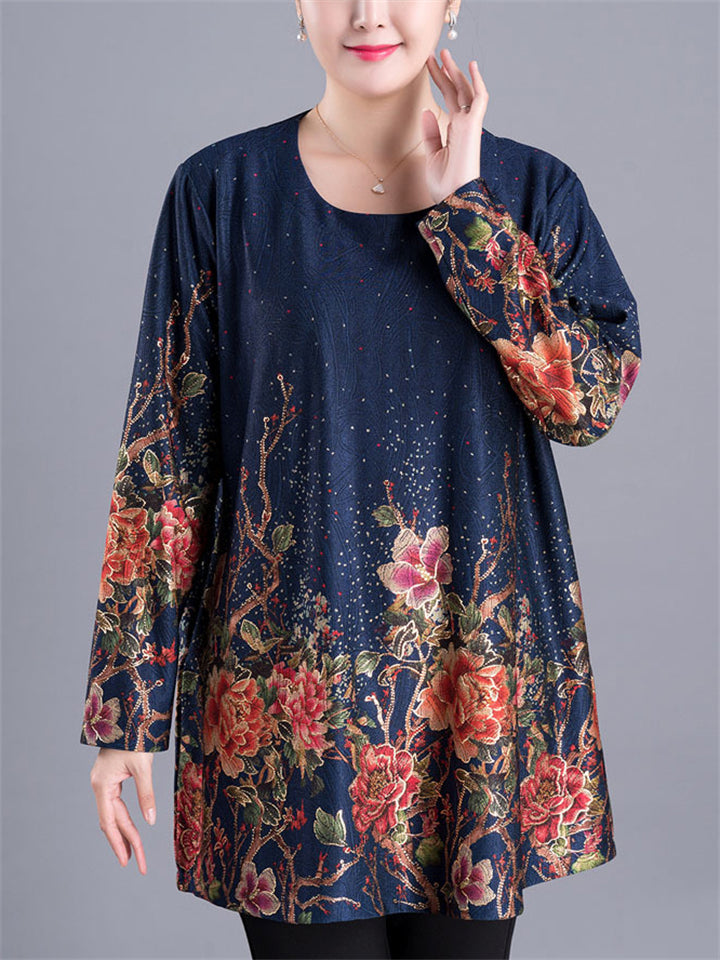 Plus Size Floral Print Long Sleeve O-Neck Shirt for Women