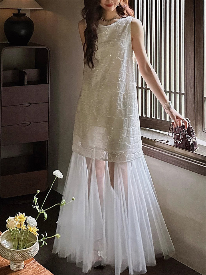 Women's Chinese Style Elegant Bling Texture Mesh Patchwork Dress