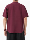 Chinese Style Men's Crane Embroidery Stand Collar Half Sleeve Shirts