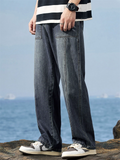 Men's Steetwear Retro Blue Mid Waist Loose Straight Fit Casual Jeans