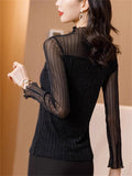 Women's High Neck Mesh Patchwork Long-sleeve Undershirt