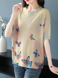 Women's Loose Butterfly Print Round Neck Short Sleeve Knit T-Shirts