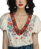 Women's V-Neck Floral Embroidery Puff Short Sleeve Shirt
