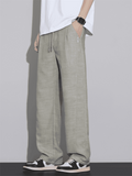 Mens Linen Blend Wide Leg Pants Casual Summer Drawstring Trousers