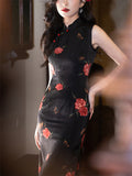 Lady Oriental Style Vintage Sleeveless Flower Print Split Cheongsam Dresses