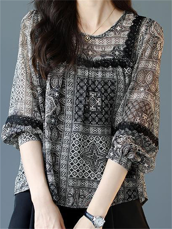 Women's Loose Black Print O-Neck Lace Trim Chiffon Shirt