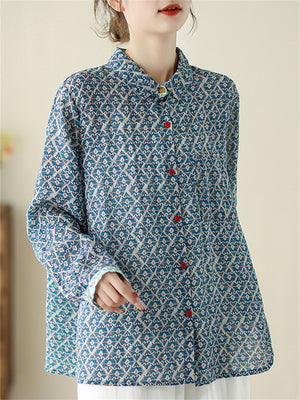 Women's Retro Print Lapel Long Sleeve Shirts