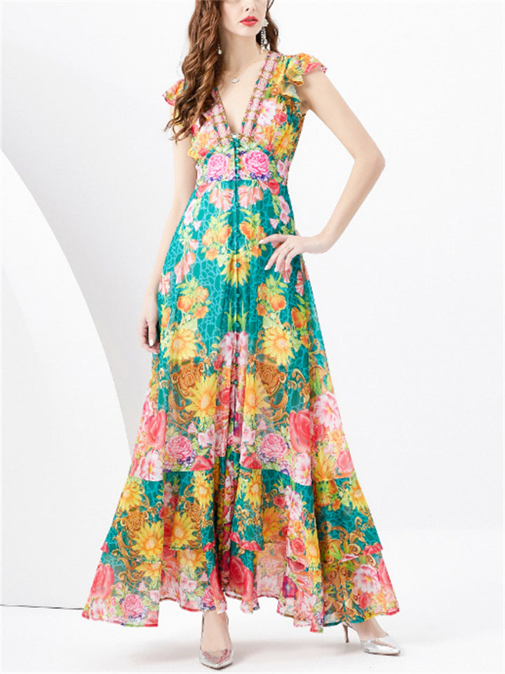 Elegant Deep V Neck Sleeveless Floral Beach Dress for Women