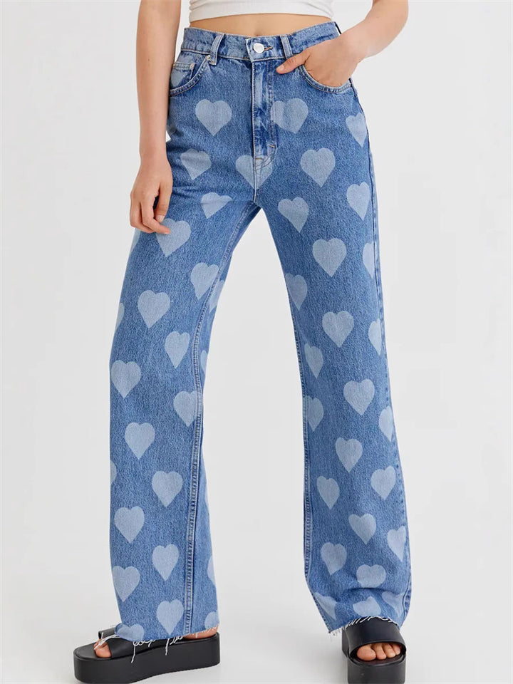 Women's Retro High-Rise Heart Print Straight Denim Jeans