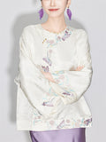 Chinese Style Round Neck Long Sleeve Jacquard Shirt for Women