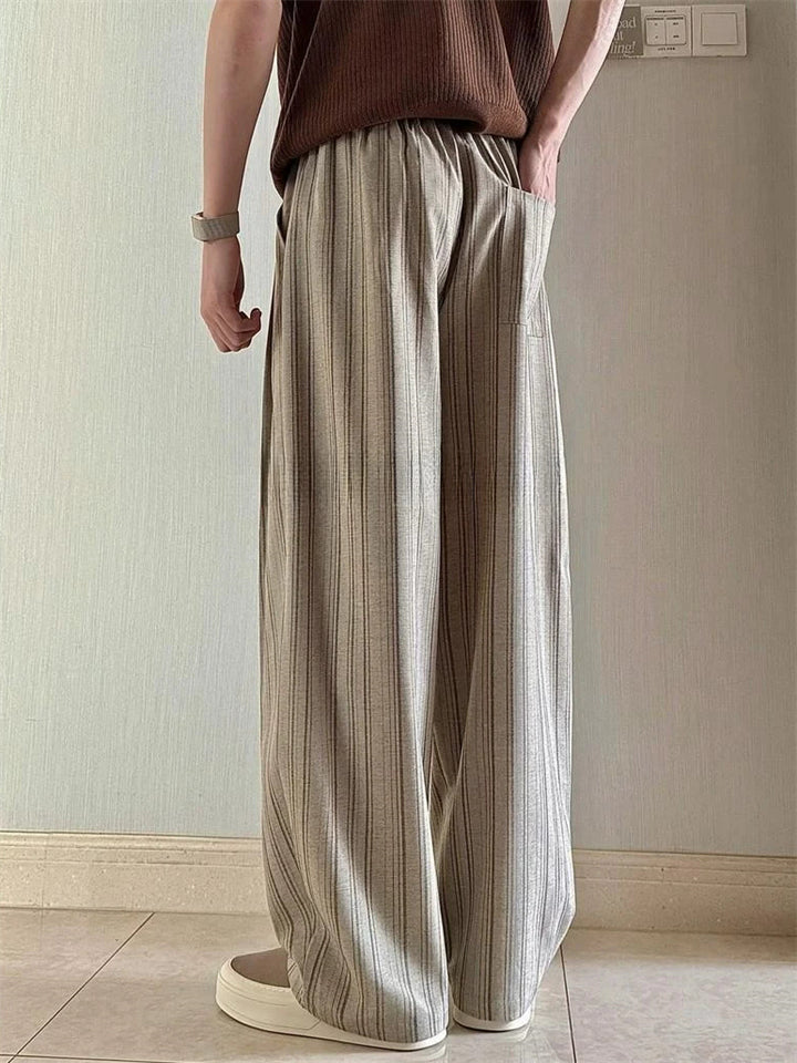 Mens Striped Loose Fit Drawstring Wide Leg Casual Pants
