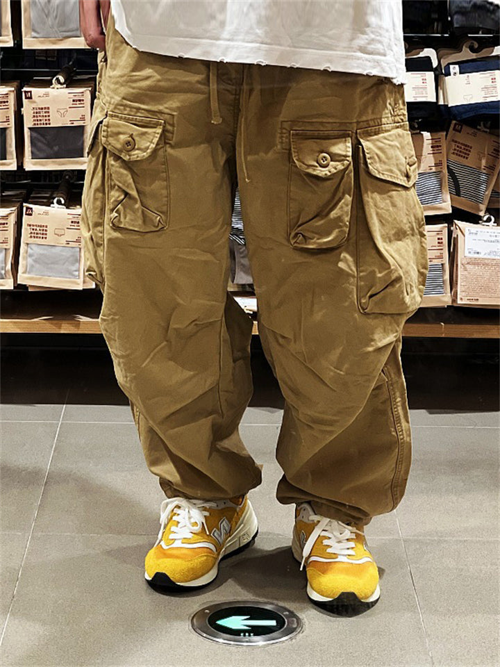 Men's Japanese Style Vintage Cotton Utility Cargo Pants with Multiple Pockets