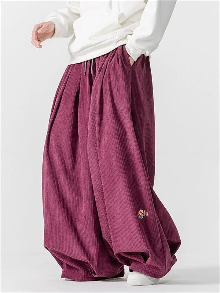 M‌en's Oversize Japanese Style Embroidered Corduroy Drawstring Baggy Pants