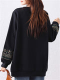 Women's Loose Black Embroidery O-Neck Pullover Sweatshirt