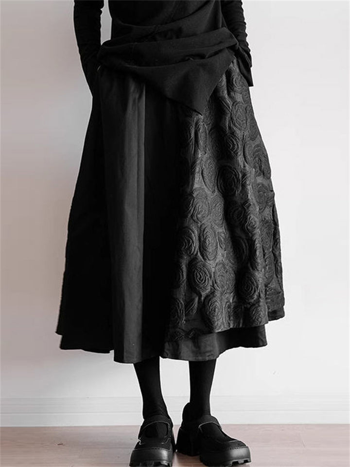 Women's Korean Style All Black Patchwork Midi Skirt